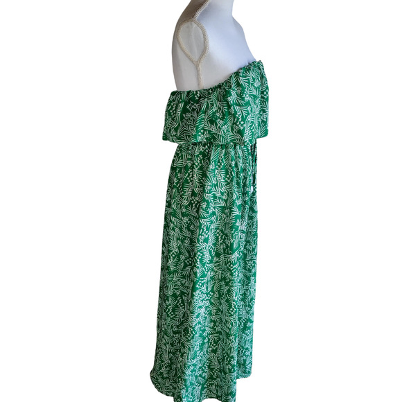 Womens Green Leaf Print Strapless Ruffle Drawstring Long Maxi Dress Size Large - Picture 7 of 9